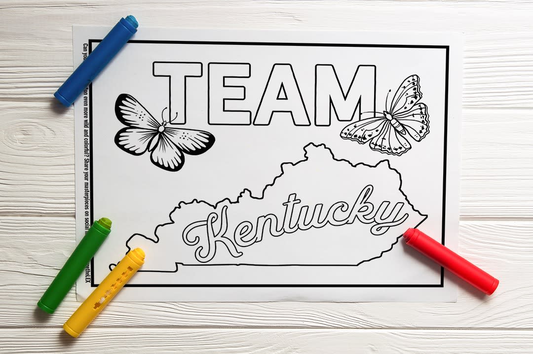 Coloring Page underneath crayons with the text Team Kentucky and drawings of butterflies.