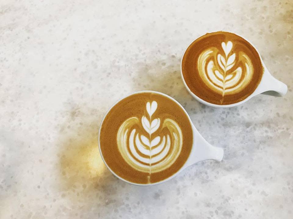 The artistic ability of the baristas at Fortezza Coffee is evident in these coffee stacks.