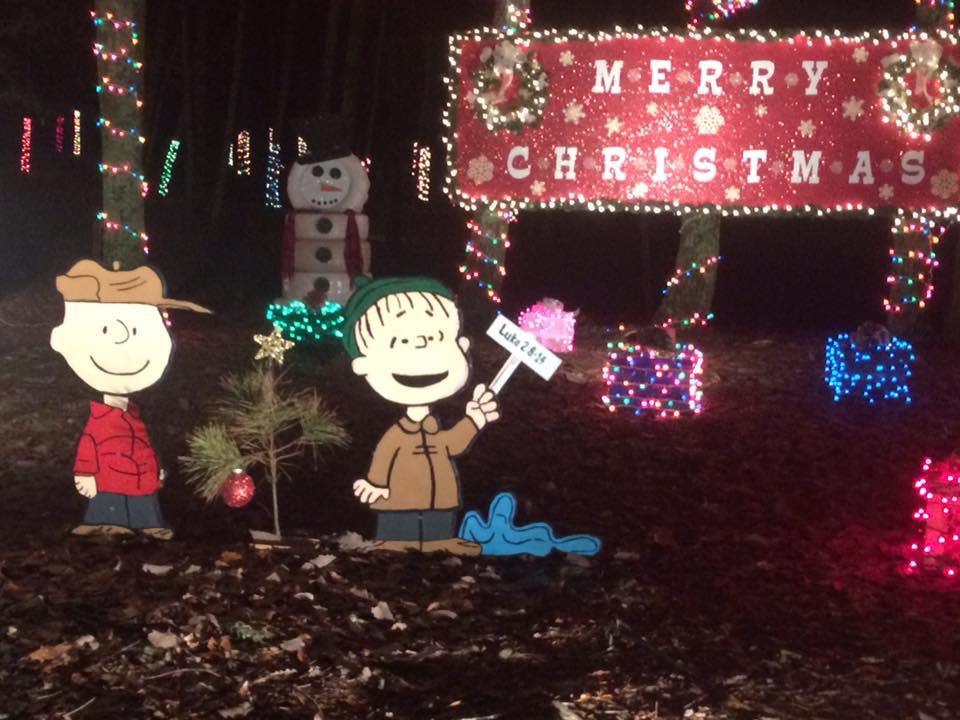 Christmas lights along with cutouts of Charlie Brown and Linus next to a "Charlie Brown tree" at Palisades Park