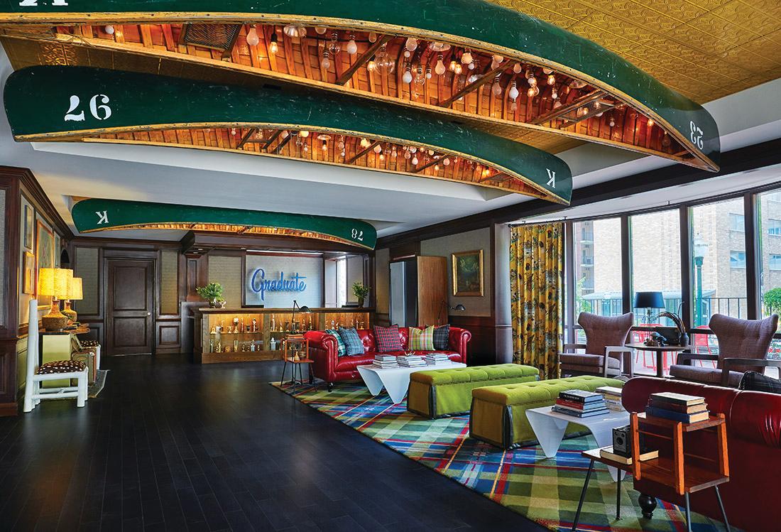 The lobby of the Graduate hotel in Madison, WI
