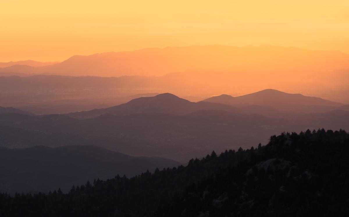 Sunset on the mountains from the Devil's Slide Trail in Idyllwild, California