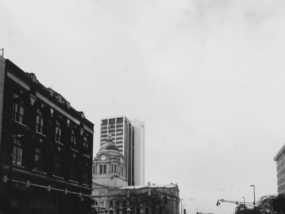 Grayscale photo of Downtown Fort Wayne, including Allen County Courthouse