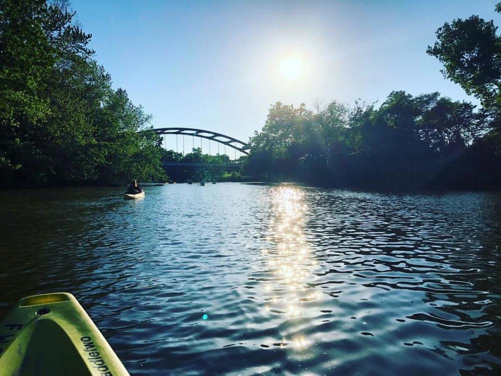 Kayaks along the riverfront in downtown Fort Wayne