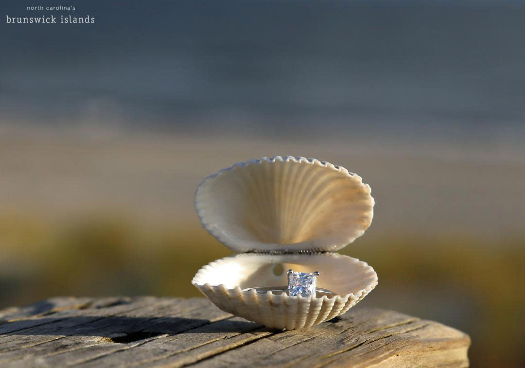 Engagement ring in shell in North Carolina's Brunswick Islands