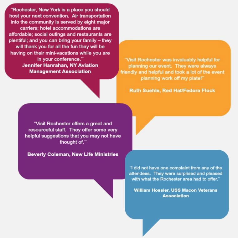 A series of 4 quote boxes about what past attendees loved about Rochester, NY