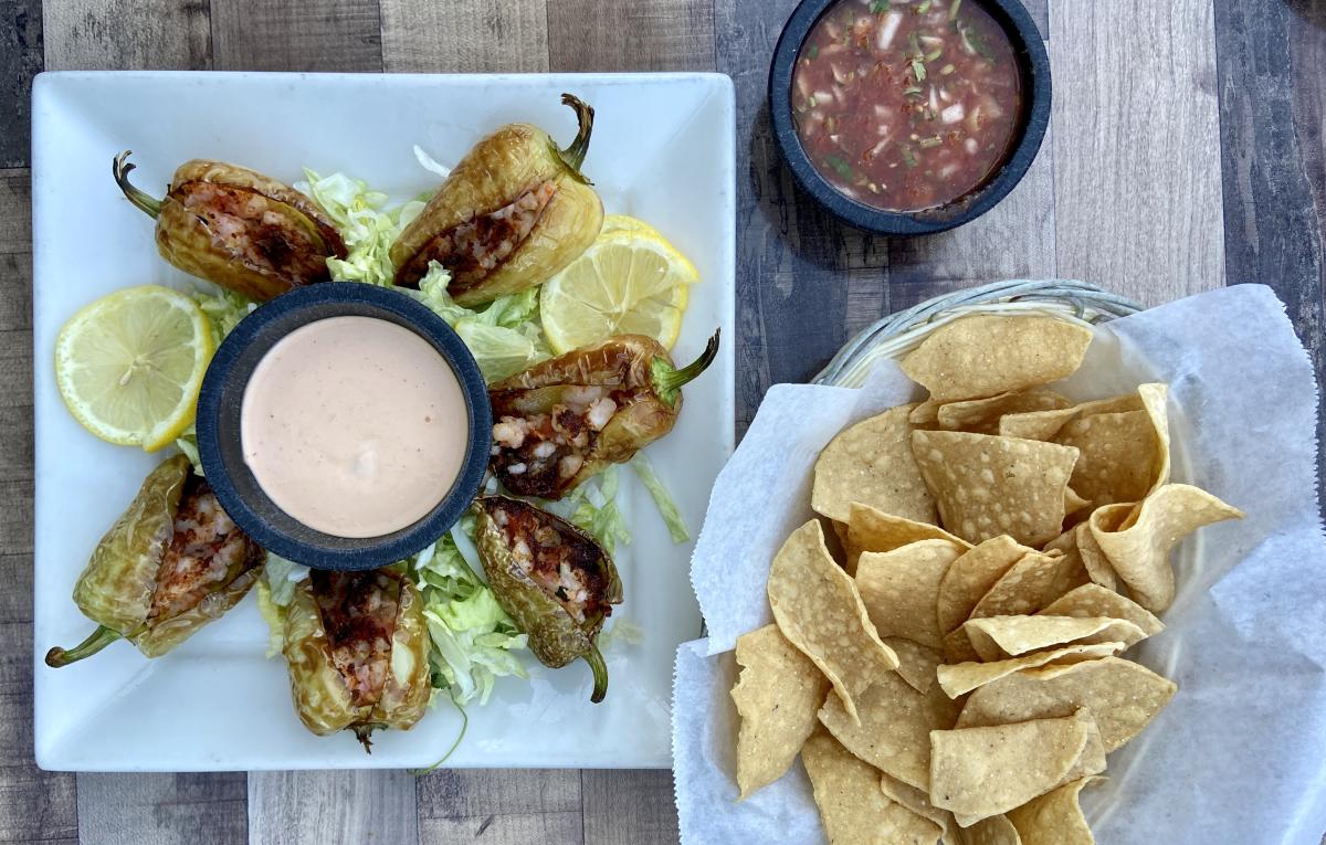 Shrimp stuffed peppers and chips and salsa from Fresh Agave