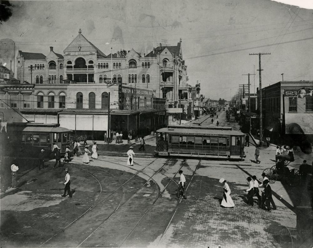 Street scene of historic Sixth Street and the Driskill Hotel around the turn of the century
