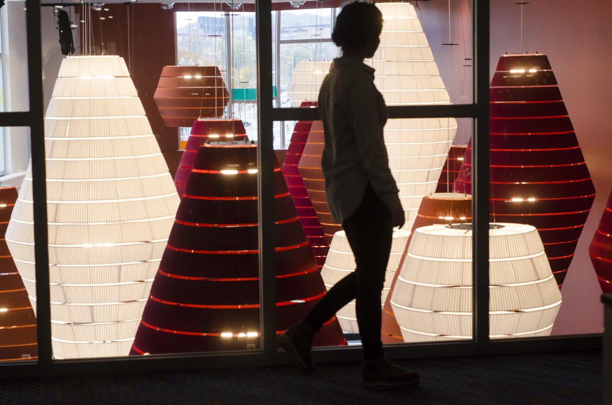 Illuminated lanterns light up the lobby of Pablo Center at the Confluence