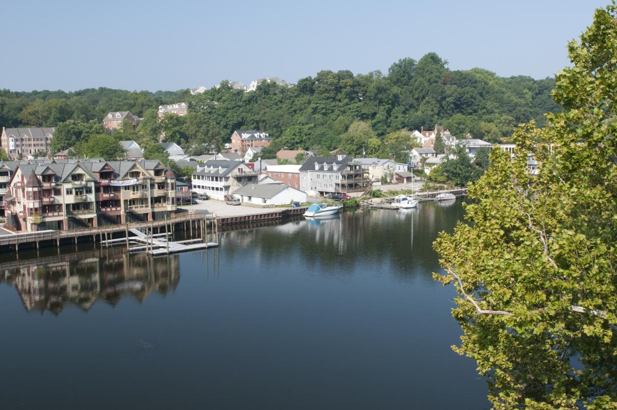 Occoquan waterfront aerial view from across the water