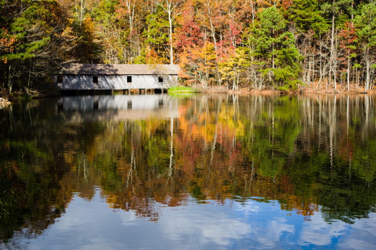 covered bridge, fall leaves, Green Mountain, Madison County Nature Trail, pond