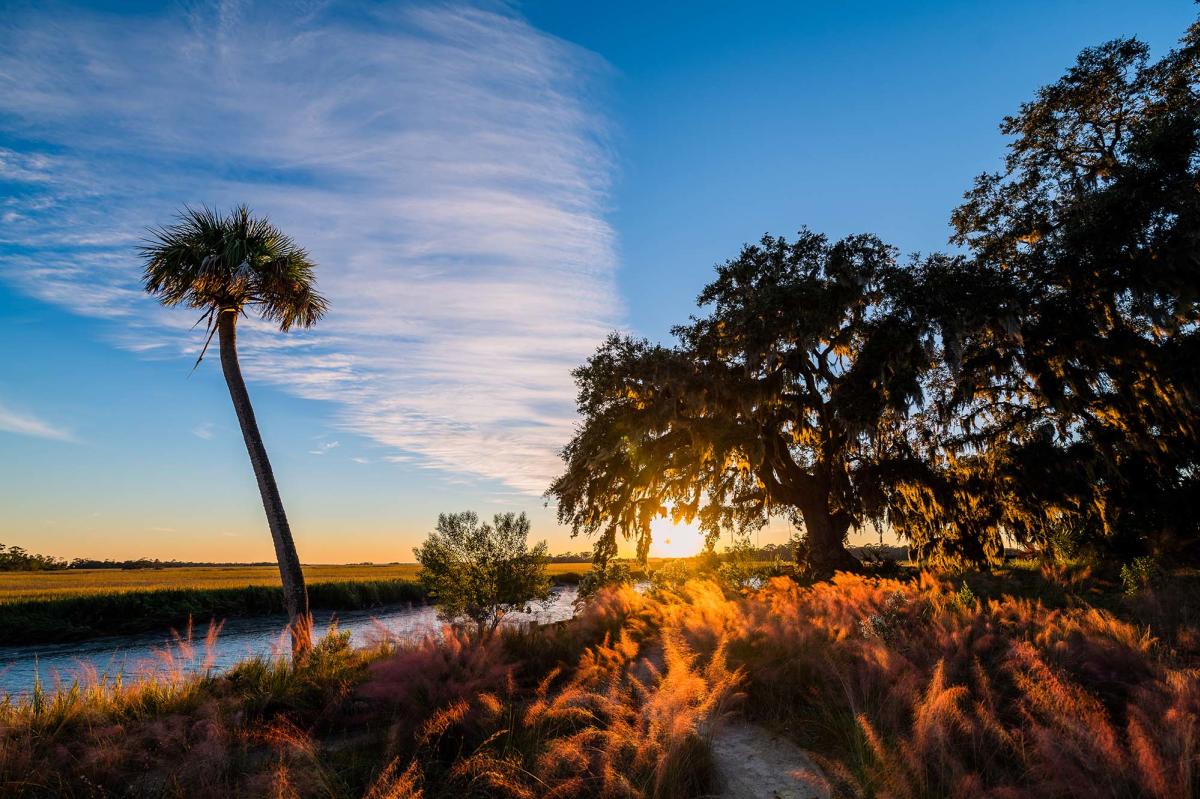 The sun sets over the marshes of Little St. Simons Island, GA