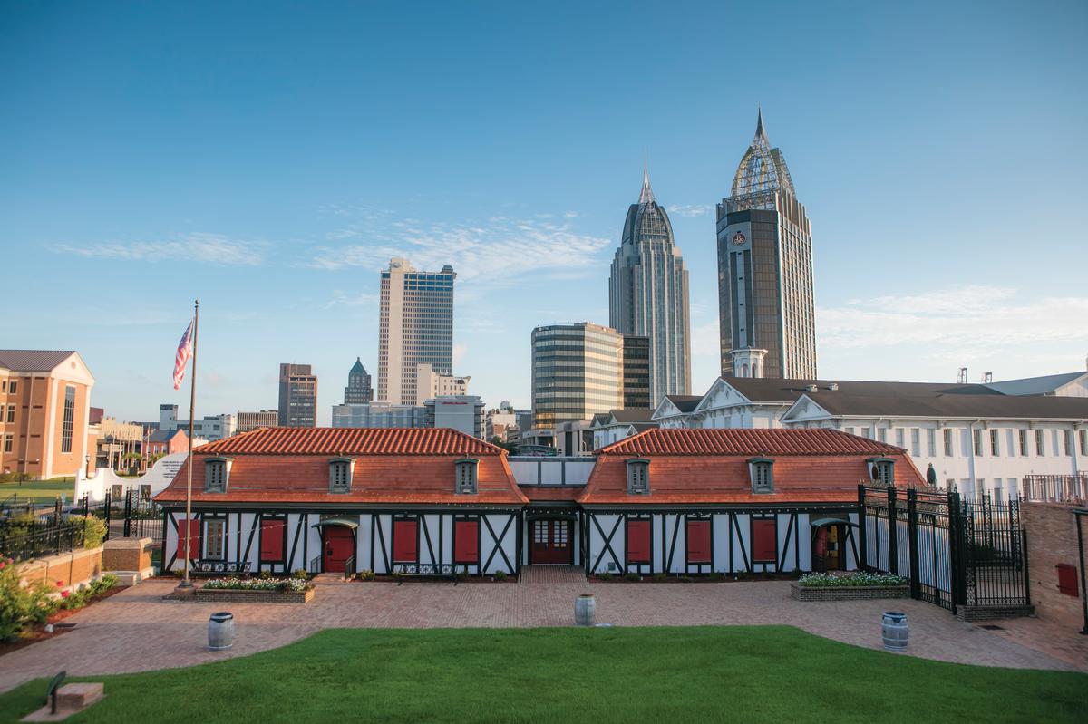 Historic Fort Conde With Sky Scrapers in the back ground in Mobile, AL