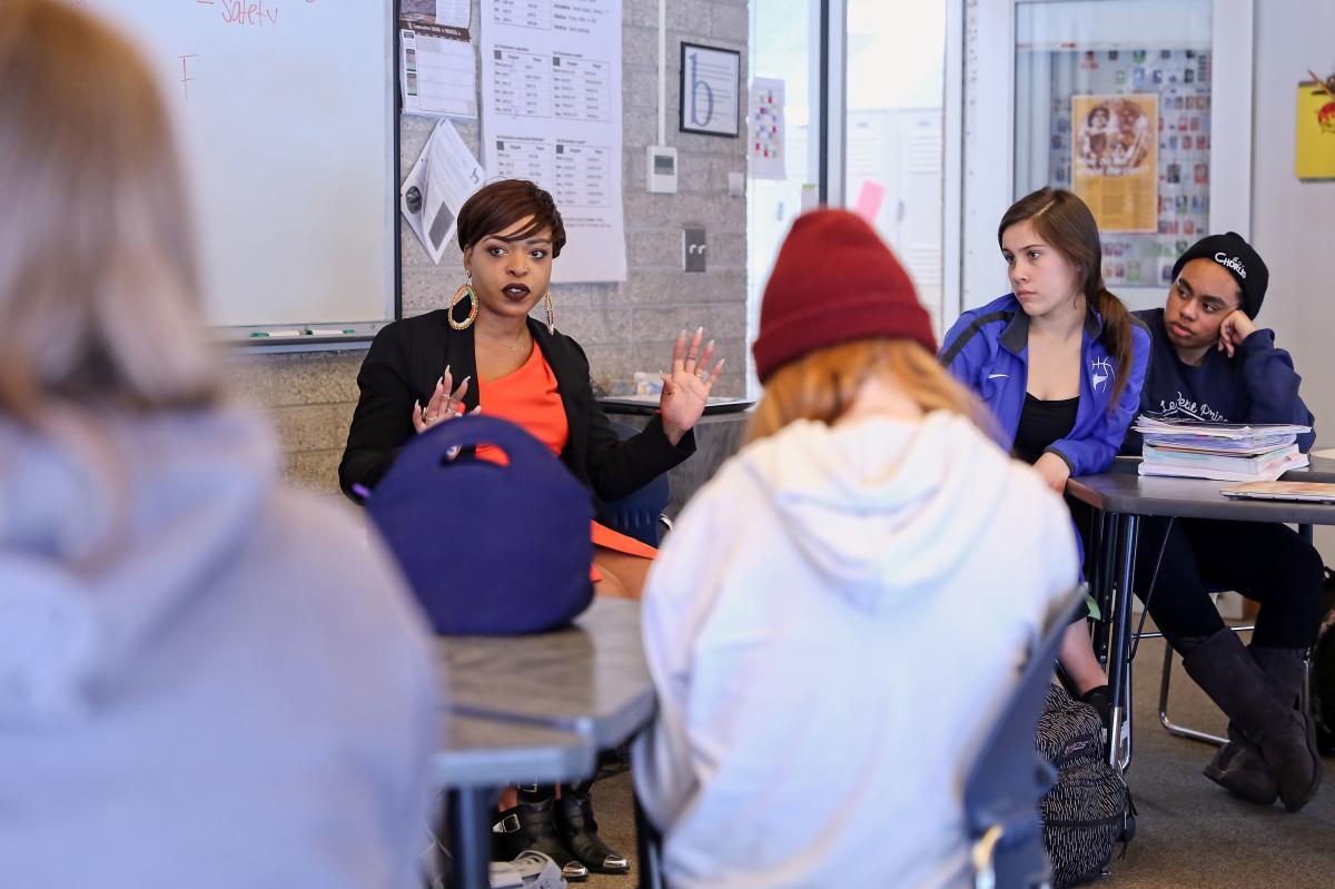 Booth leads a diversity workshop at the Bosque School, in Albuquerque.