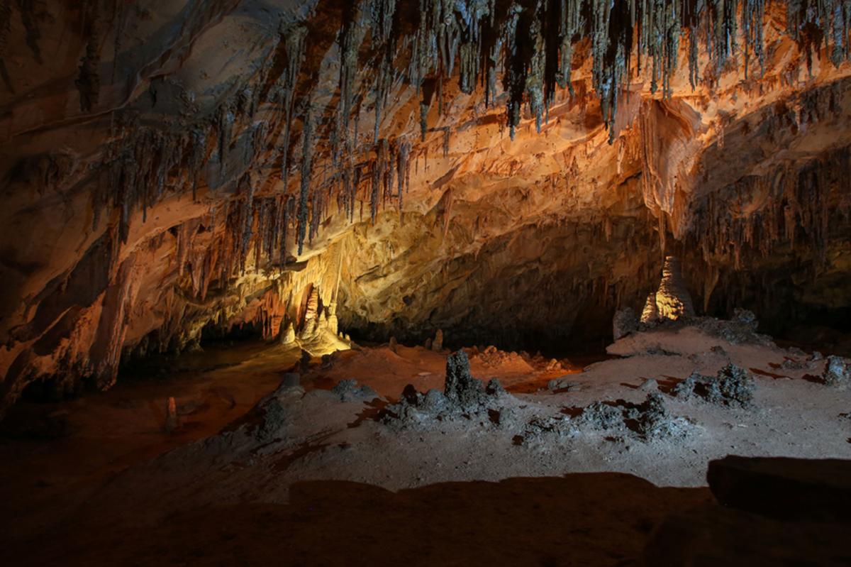 Stalactites and stalagmites illuminated in Carlsbad Caverns in New Mexico