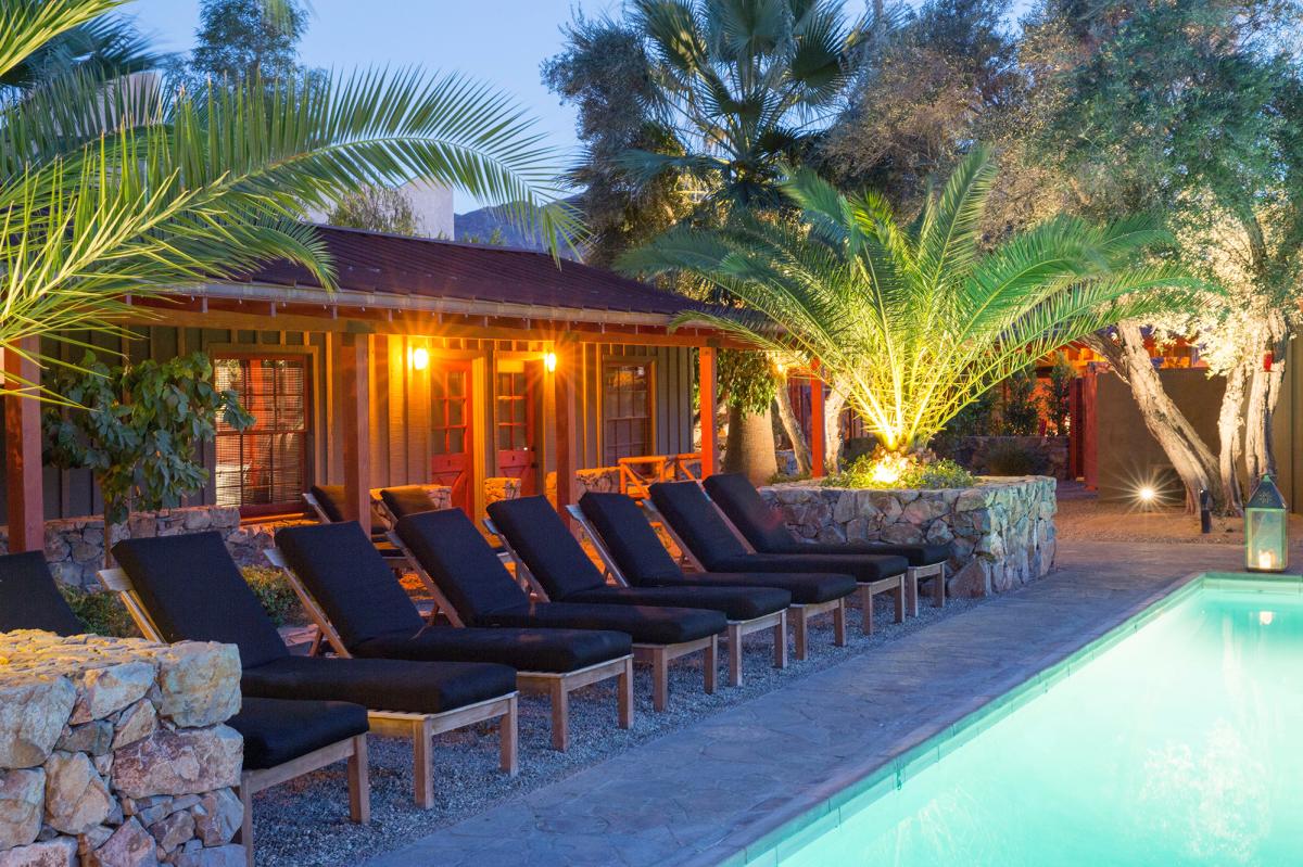 Lounge chairs and palm trees by the pool at the Sparrows Lodge in Palm Springs