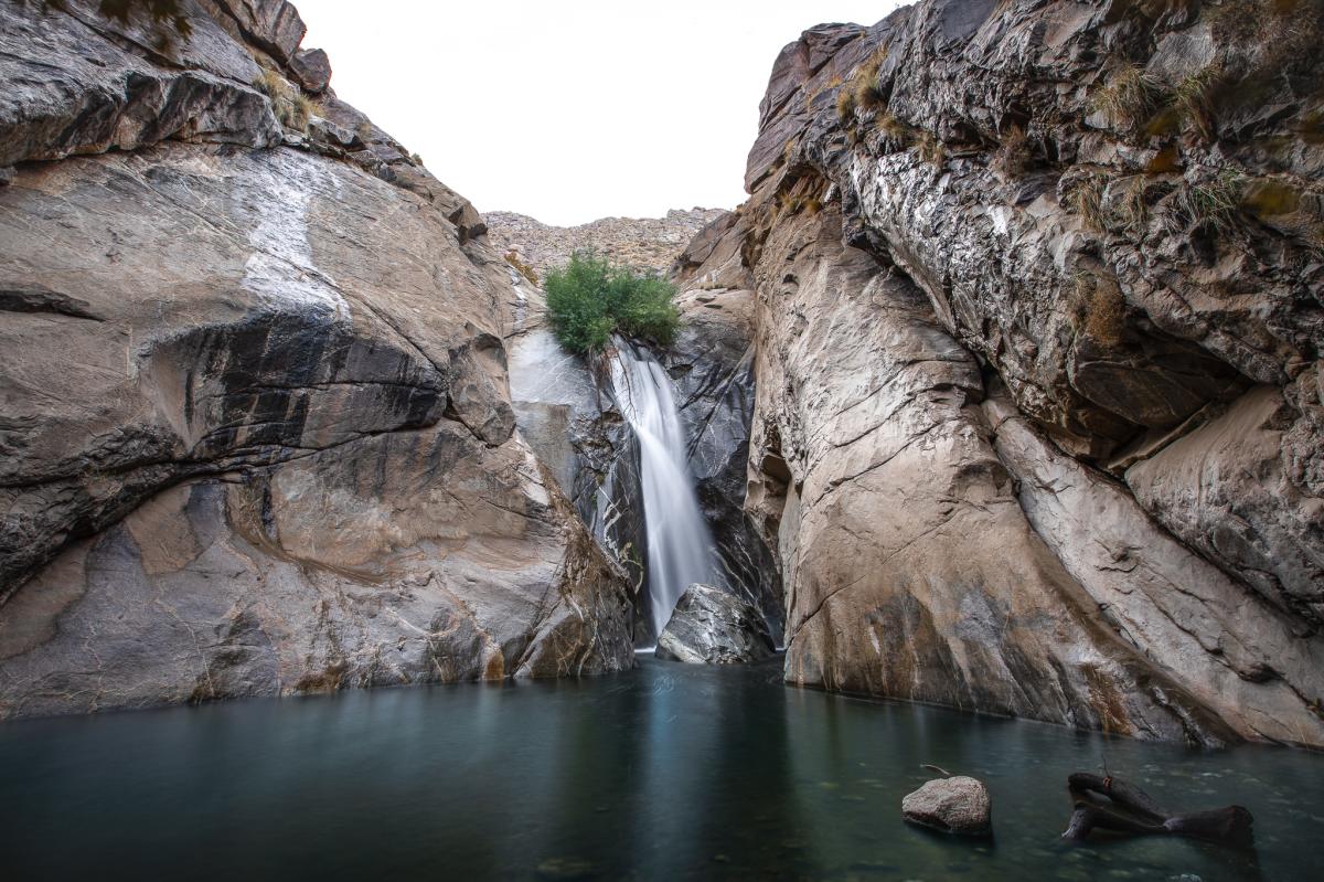 The Tahquitz Canyon waterfall flows heavily after a storm