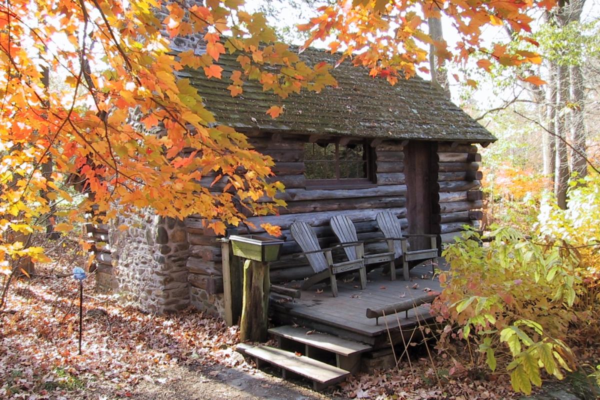 Morris Arboretum Log Cabin in Fall