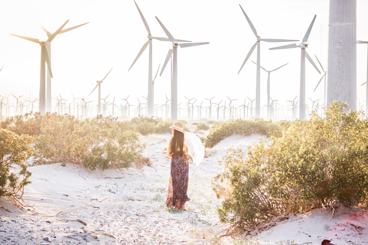 Women walking through a desert of windmills.
