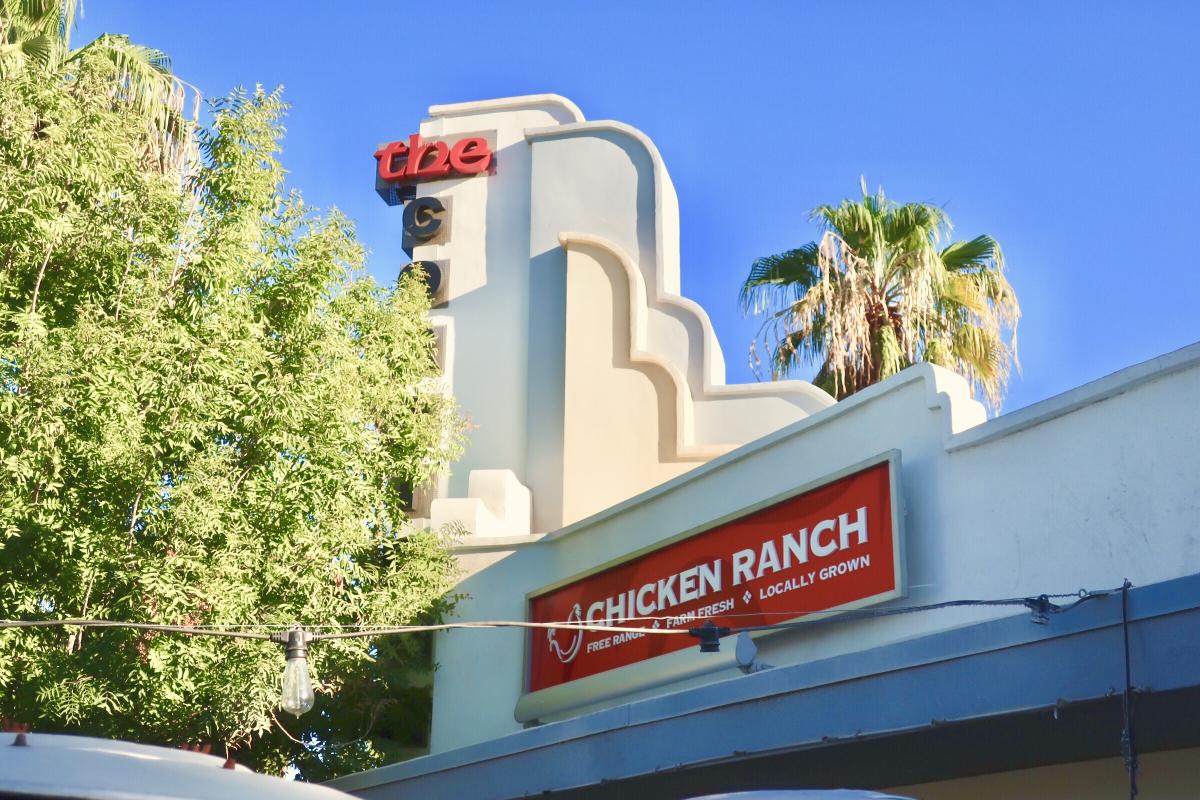 Red Chicken Ranch sign hanging on top of the restaurant.