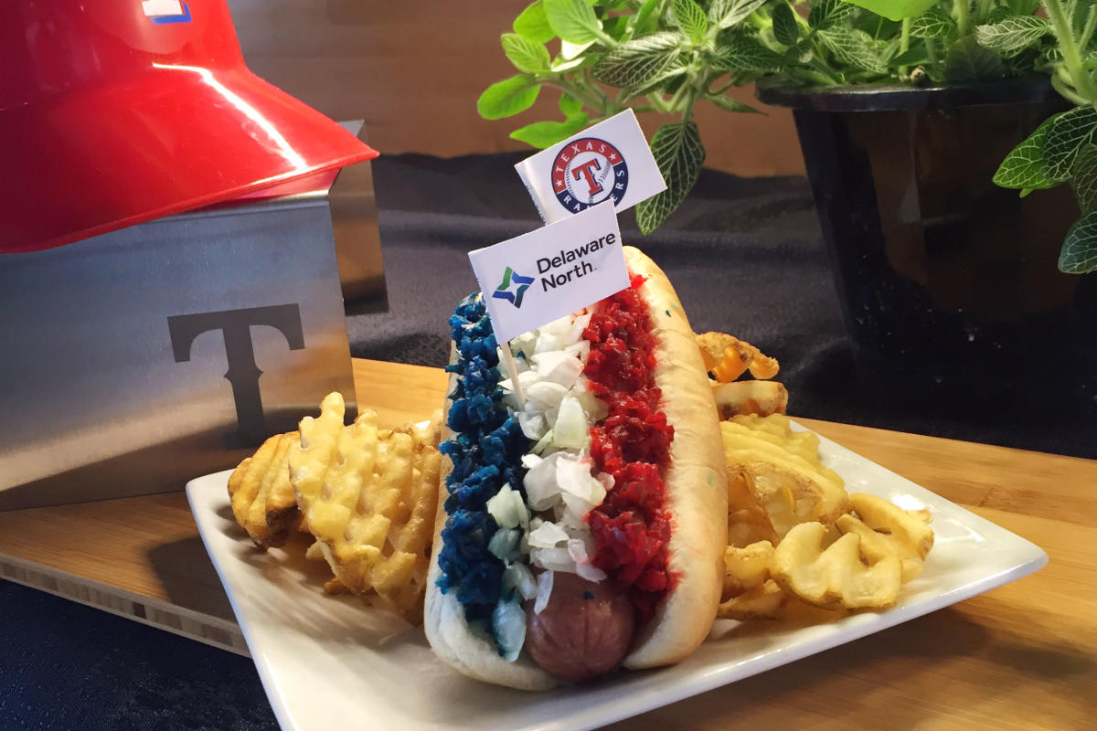 Texas Rangers Food - The RWB (Red, White & Blue) Dog has onions, red Glorious Gherkins relish and blue Texas Chili.