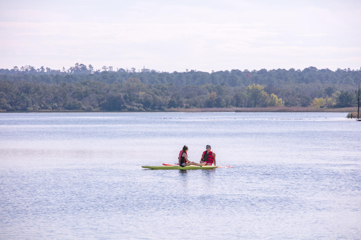 Man and woman on paddle board on wooded lake 