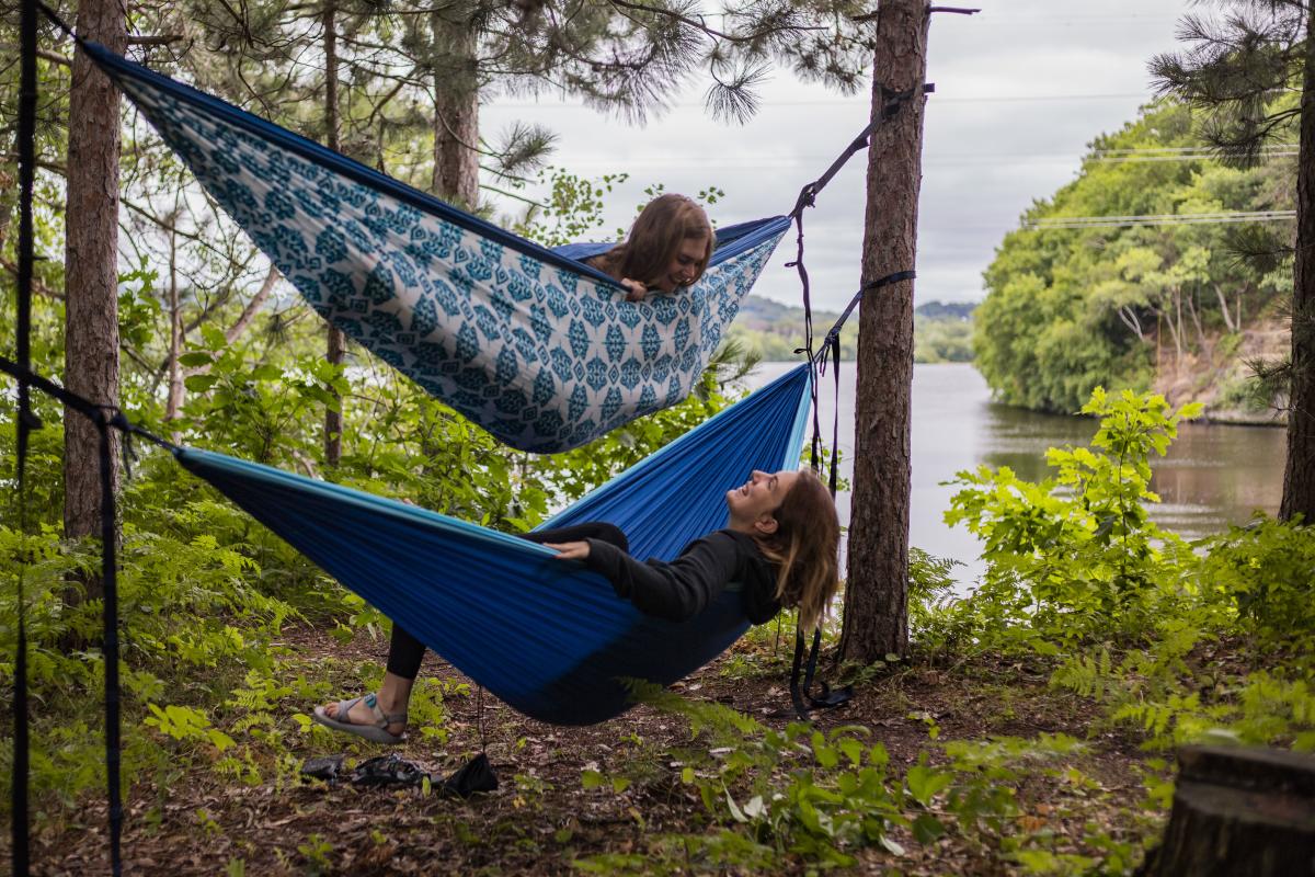 Stacked hammocks at Domer Park overlooking the river