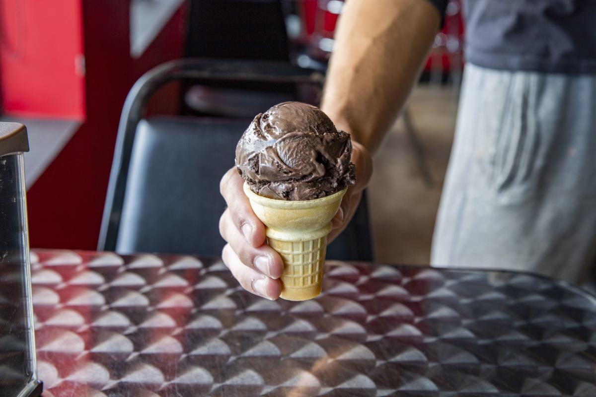 Chocolate ice cream served in a cone at JimBob's Pizza