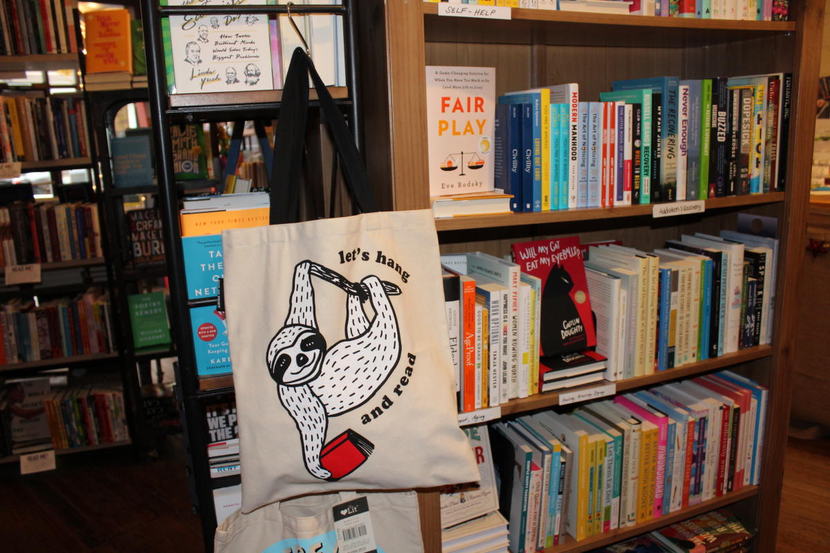 Books and book bags at the Curious Iguana