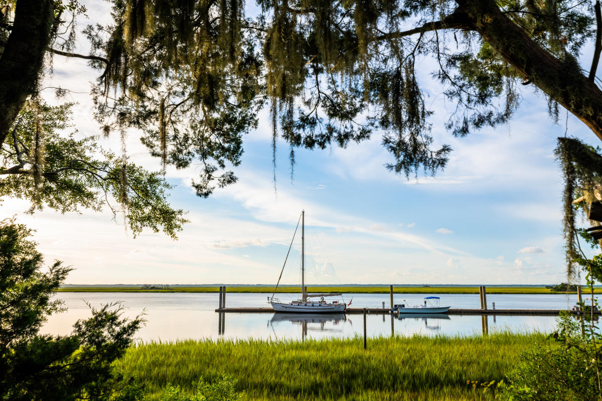 A sailboat is docked in the marshes along Gascoigne Bluff on St. Simons Island, Georgia