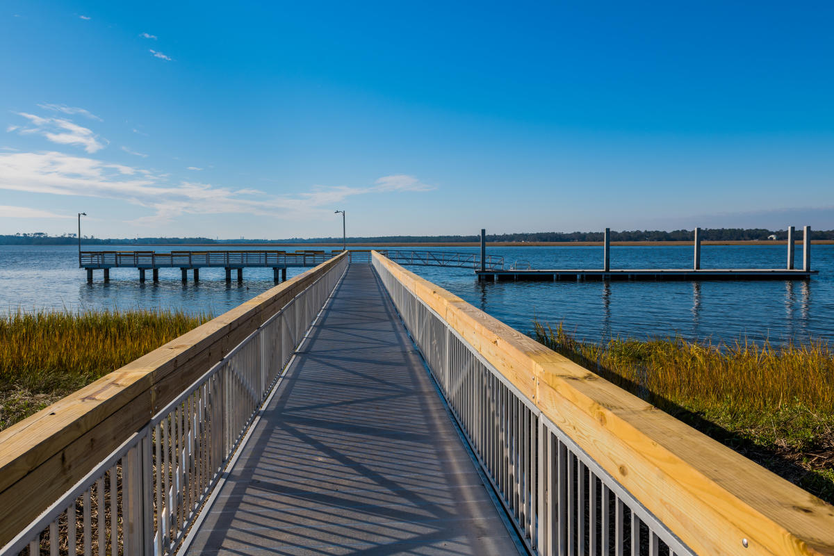 Clear skies at dock at Blythe Island Regional Park in Brunswick, Georgia