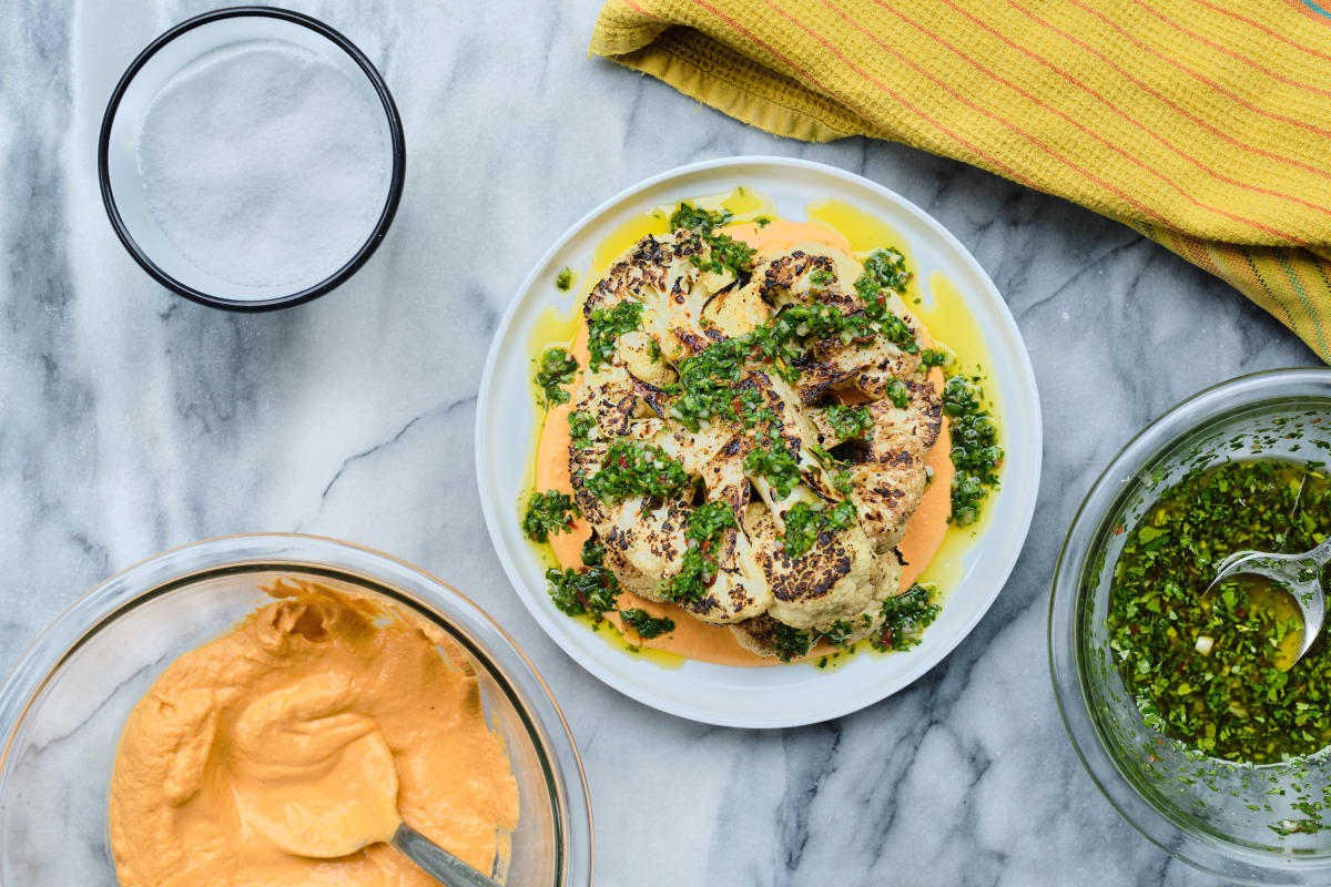 Kindred Grilled Cauliflower with Romesco and Sauce Pistou (horizontal)