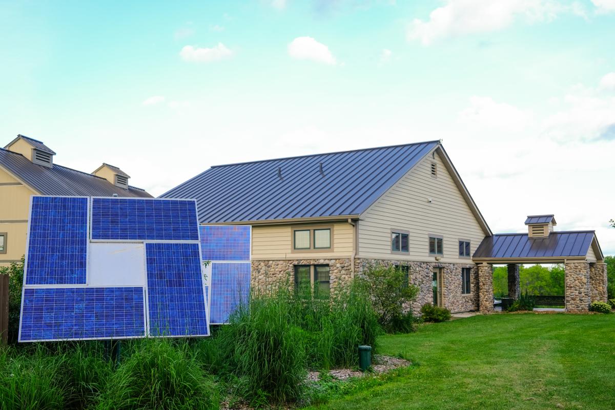 A set of solar panels near a building