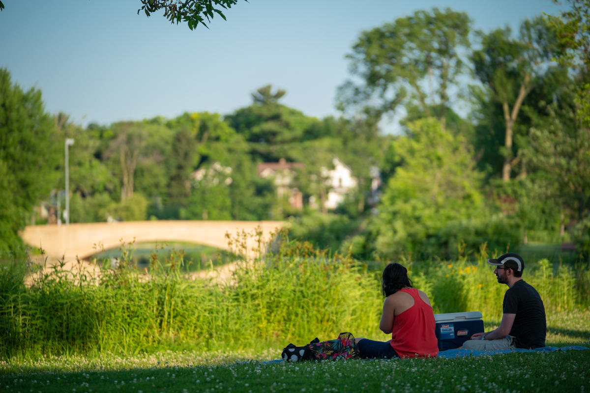 A couple sits in a grassy area, enjoying the outdoors