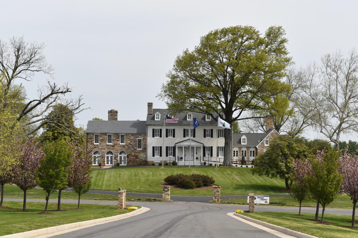 A driveway with trees lining it, leading to a white and cobblestone building.