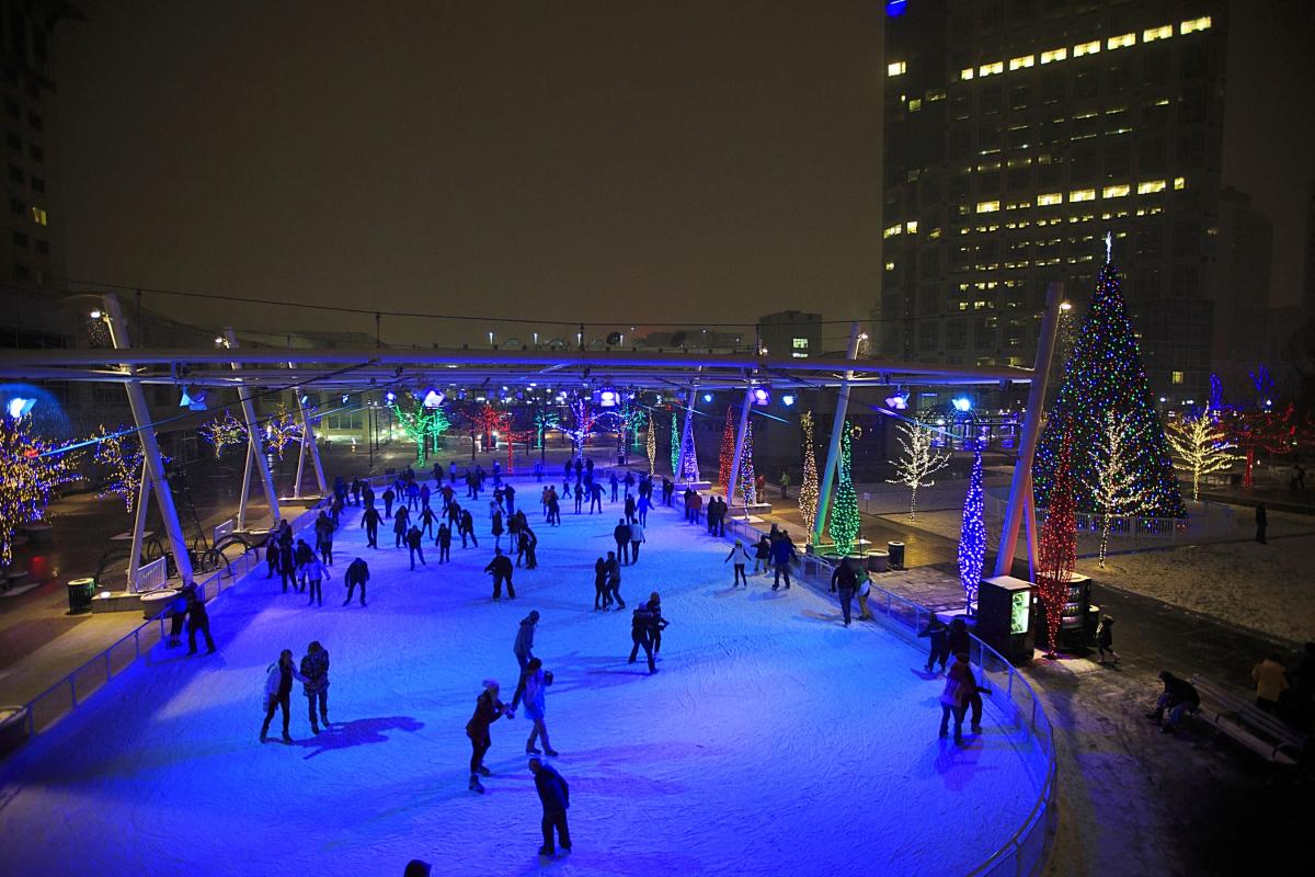 Night view of the lit up Ice Rink at The Gallivan Center during the holidays