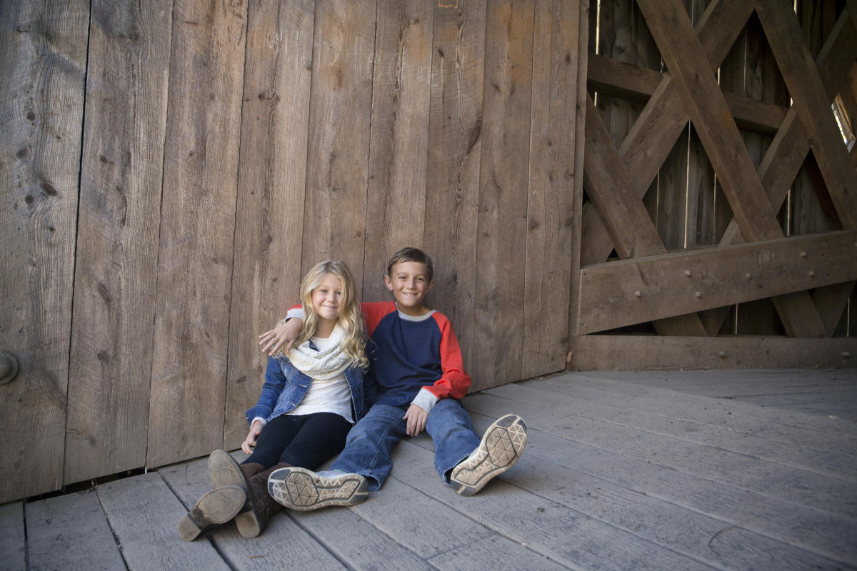 Family photo in Schofield Ford Covered Bridge