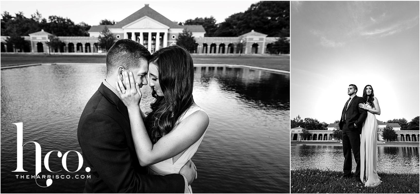 Black and white photos of couple in front of Reflecting Pool at Saratoga Spa State Park