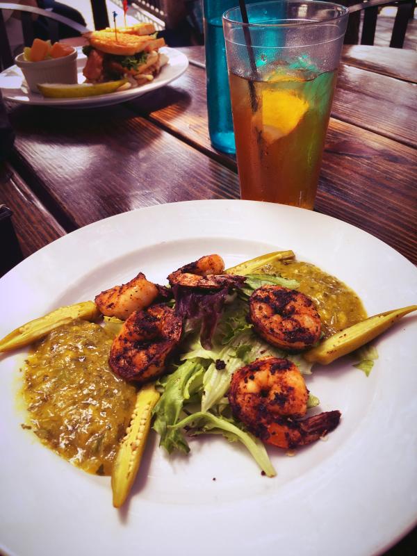 Lunch at The Deck: Blackened shrimp with mango salsa and pickled okra