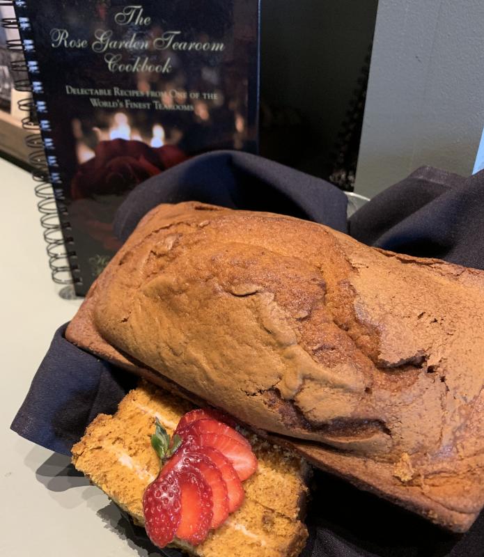 Photo of fresh loaf and slices of pumpkin bread from Rose Garden Tea Room