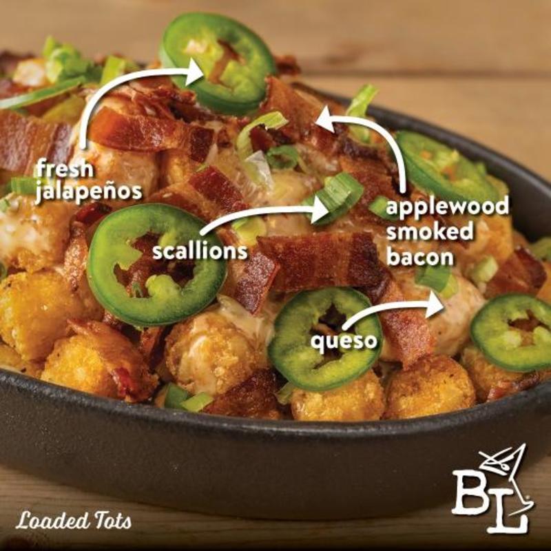 This infographic breaks down the Loaded Tots toppings from Irving's Bar Louie.