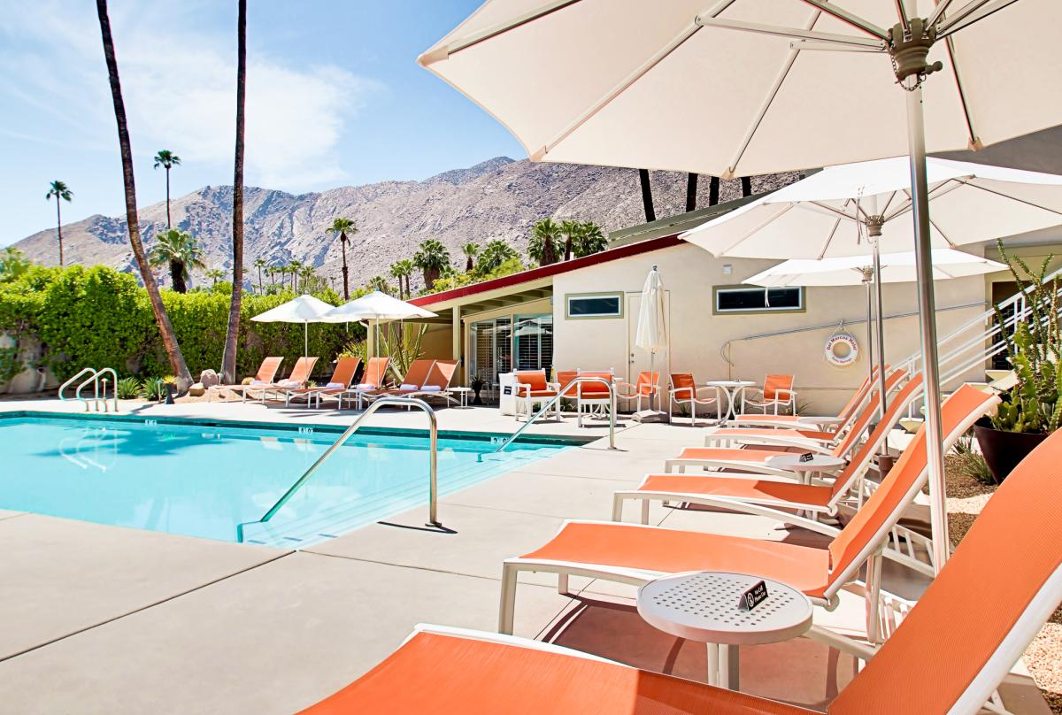 Lounge chairs at the pool at The Del Marcos Hotel in Palm Springs, California