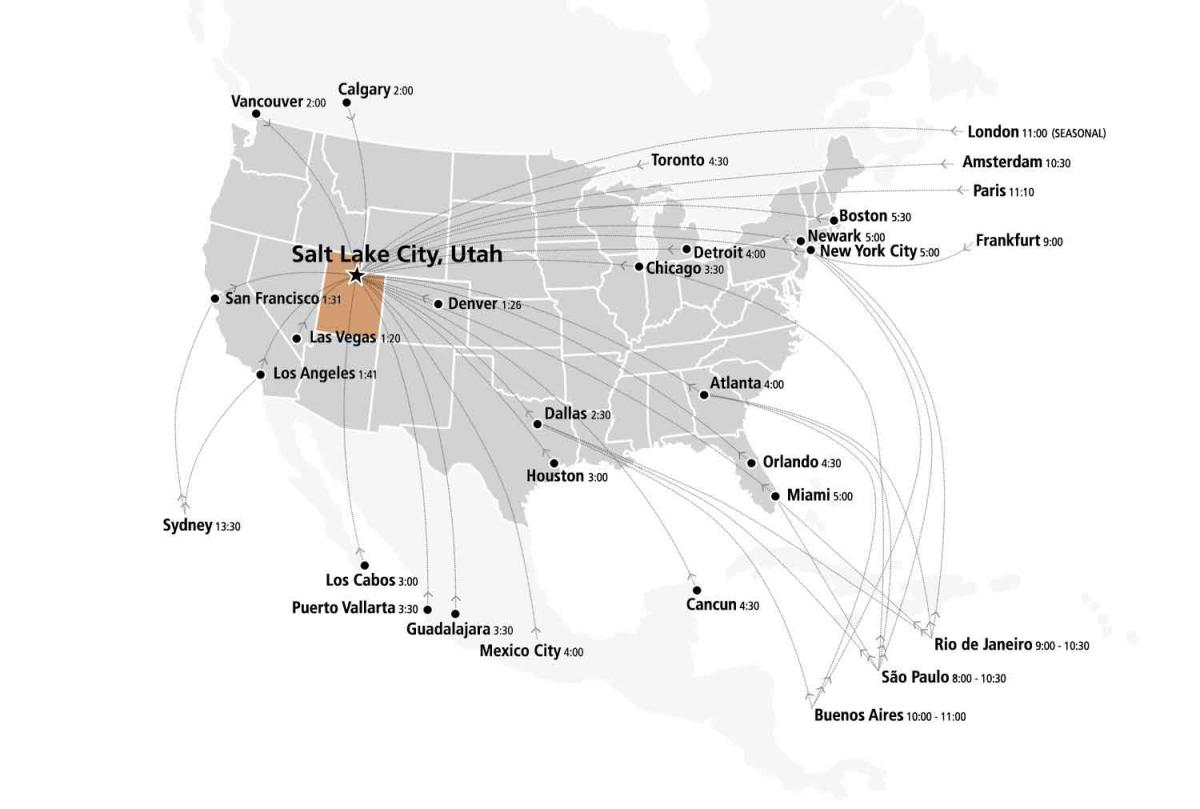 Map of International Flights to Salt Lake City