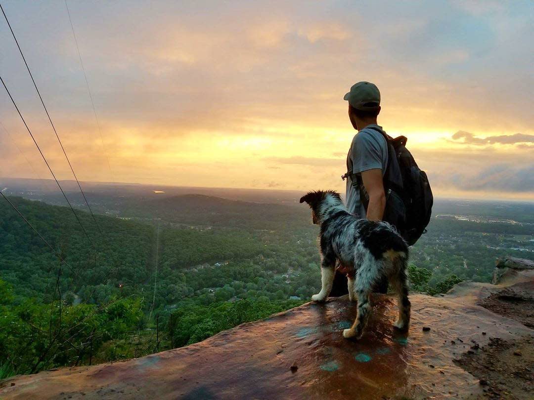 A man with his dog standing at a cliff's edge, looking out on the Huntsville, AL landscape