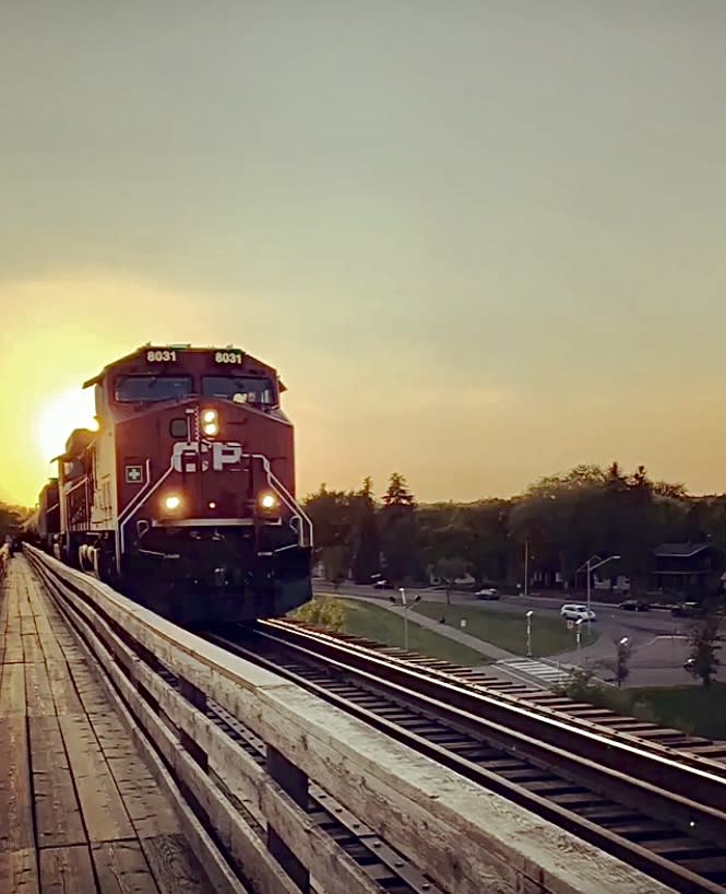 Train on Canadian Railway Bridge in Saskatoon