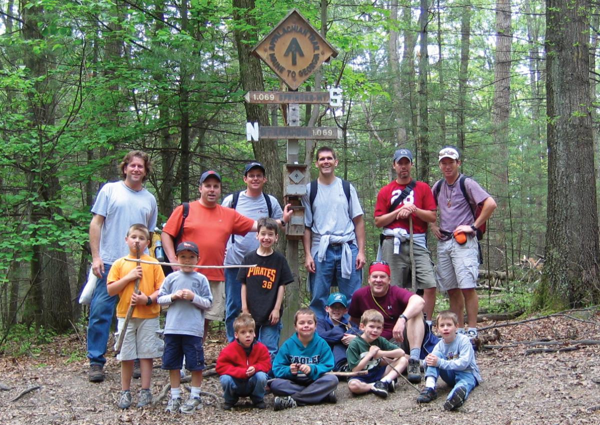 Group of fathers and sons hiking along the Appalachian Trail