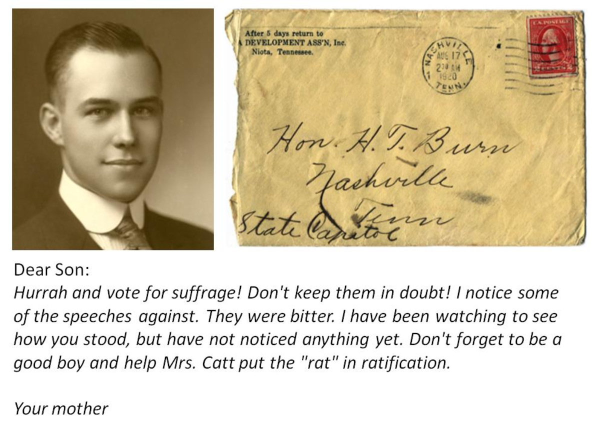 Letter from Febb Burn to her son Harry Burn in support of women’s suffrage