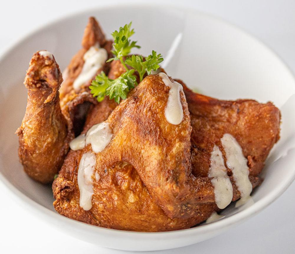 Roasted and flash-fried chicken