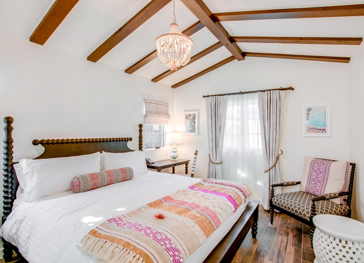 The bedroom in a guest suite at La Serena Villas in Palm Springs, California