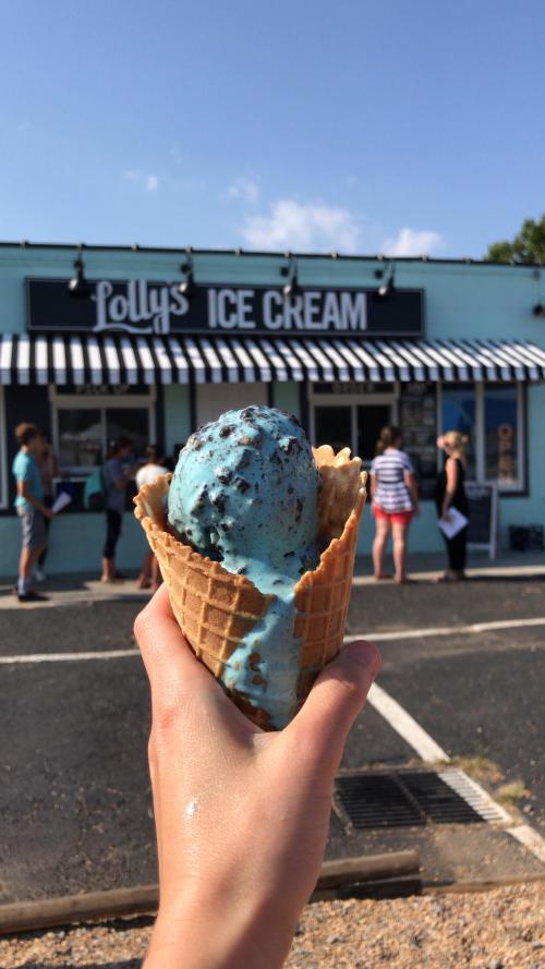 Chocolate-chip mint from Lolly's Ice Cream melts out of the waffle cone.