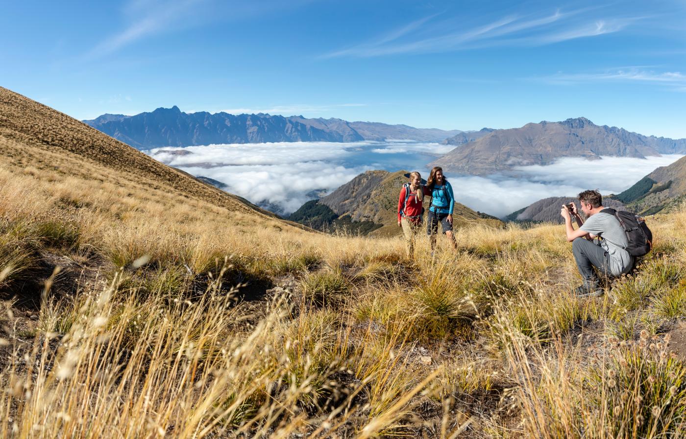 Friends hiking Ben Lomond in summer